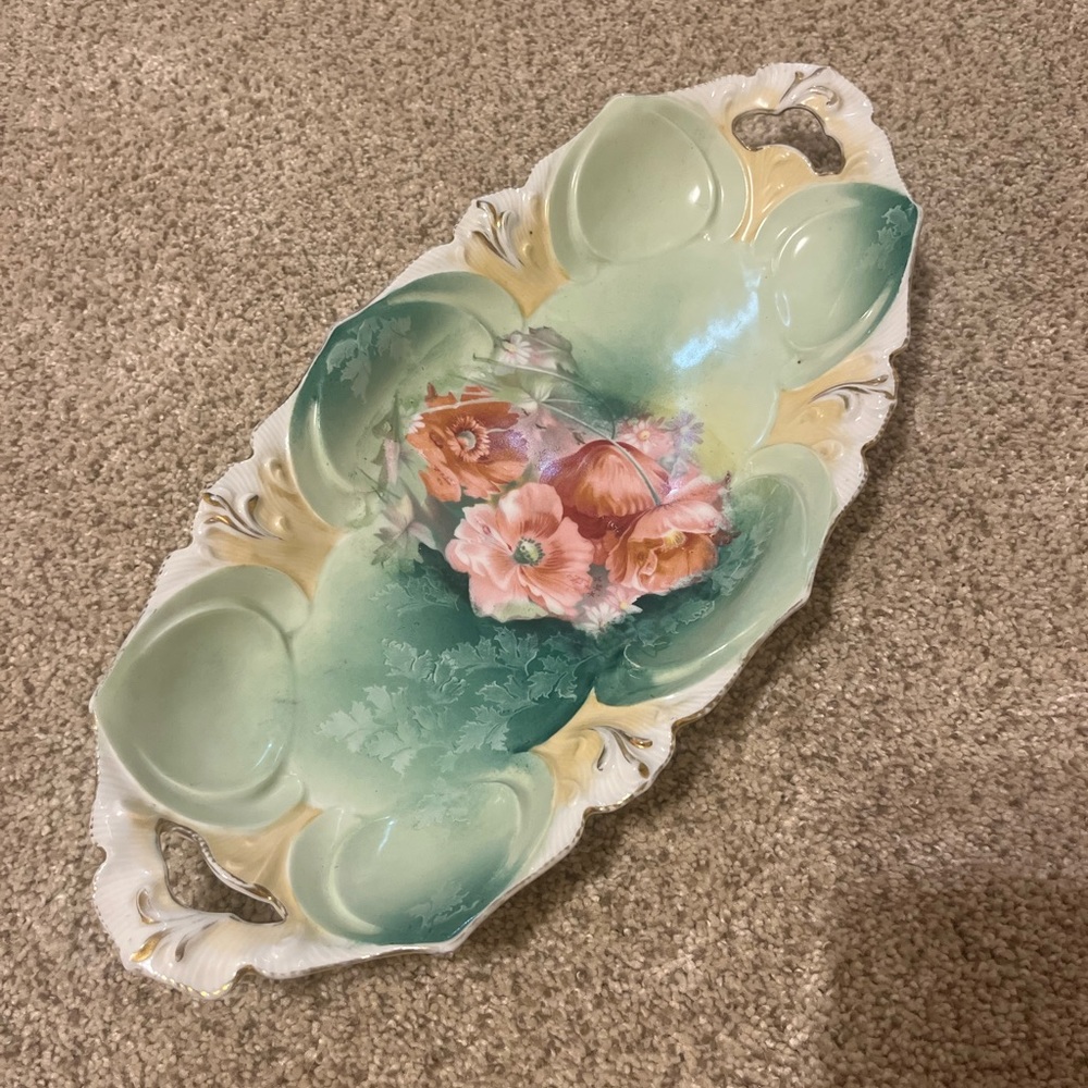RS Prussia Oblong Green & Pink Floral Dish